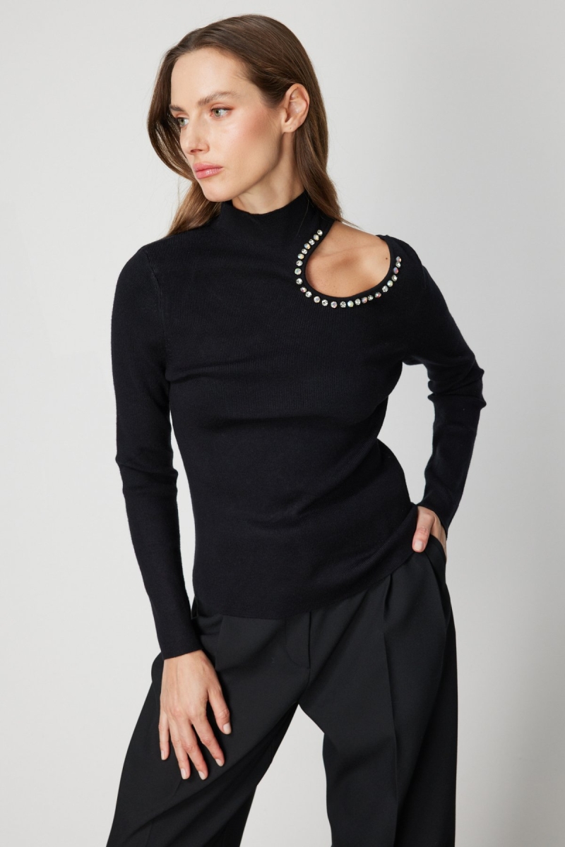 On Kadın Omzu Açık Taş Detaylı Triko Kazak 60309 Siyah Siyah