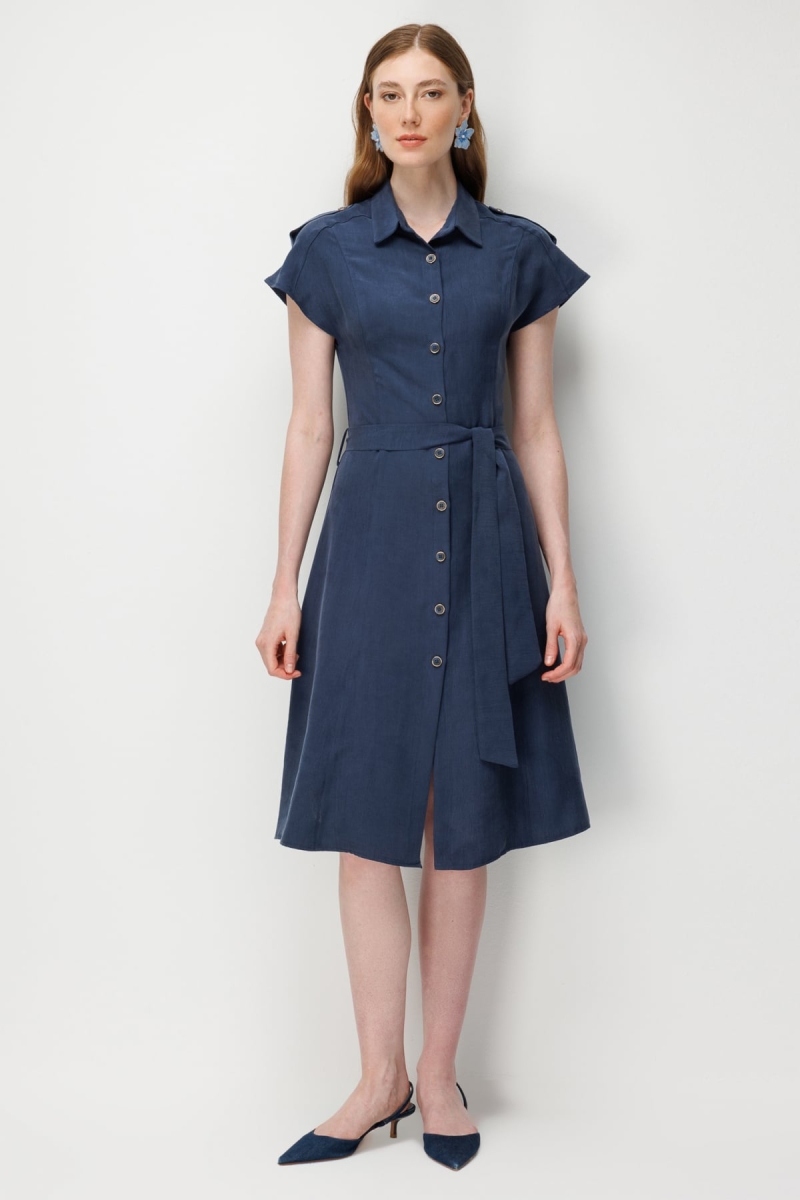 On Kadın Omzu Apoletli Beli Kuşaklık Midi Elbise 74404 Indigo Indigo