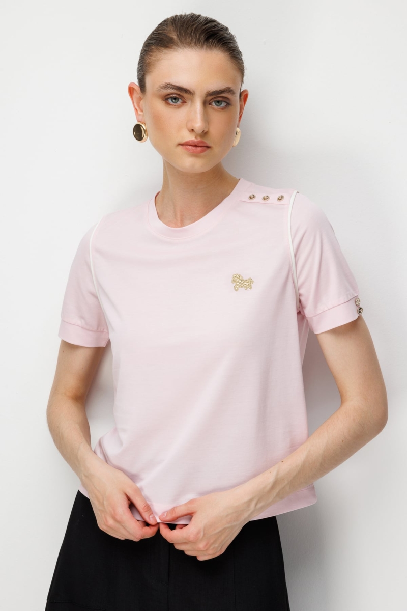 On Kadın Omzu Düğmeli İşleme Detaylı Bluz 71536 Pembe Pembe