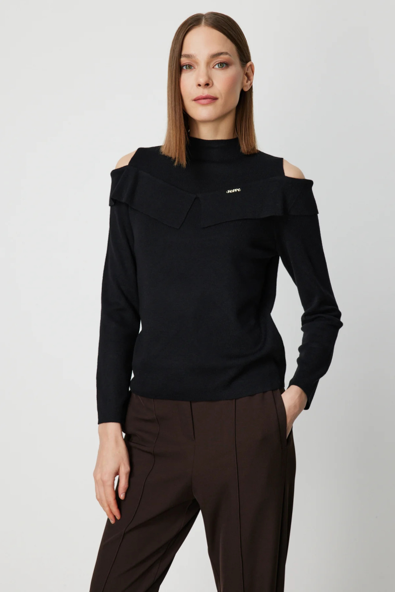 On Kadın Omzu Pencere Detaylı Triko Kazak 60479 Siyah Siyah