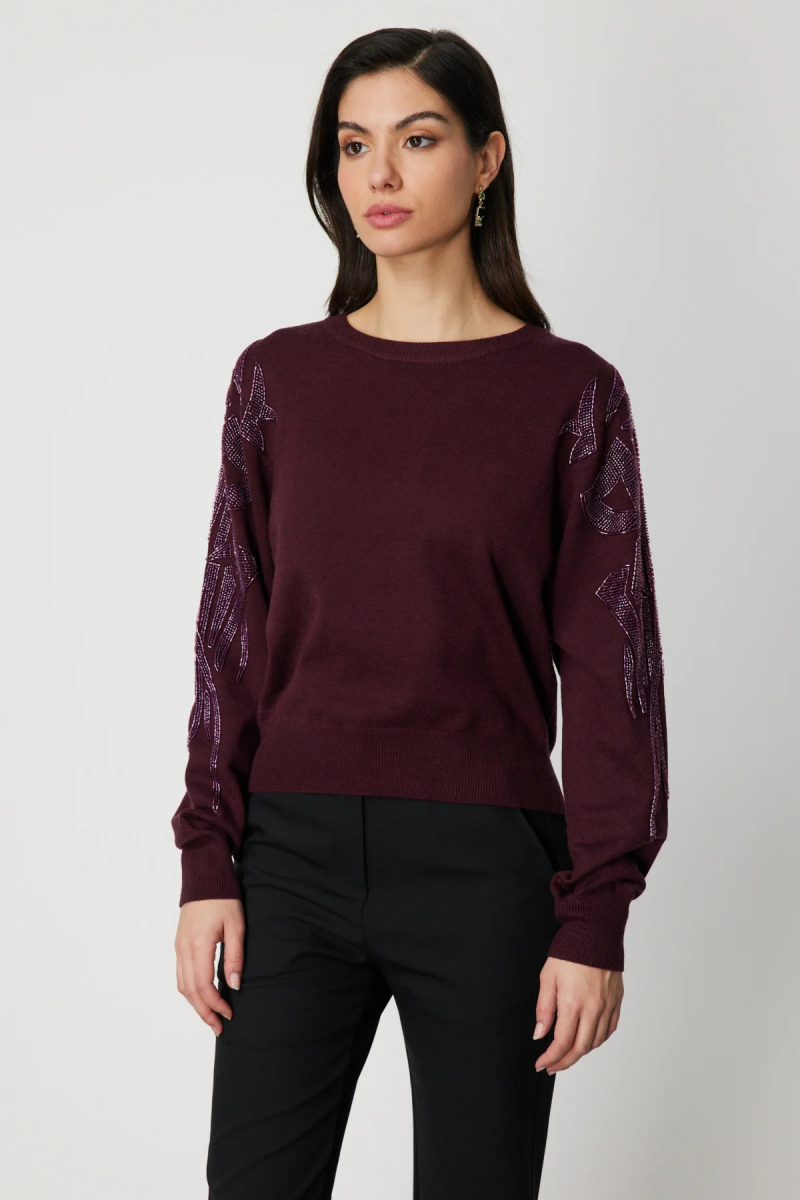 On Kadın Omzu Taş Detaylı Triko Kazak 60354 Bordo Bordo