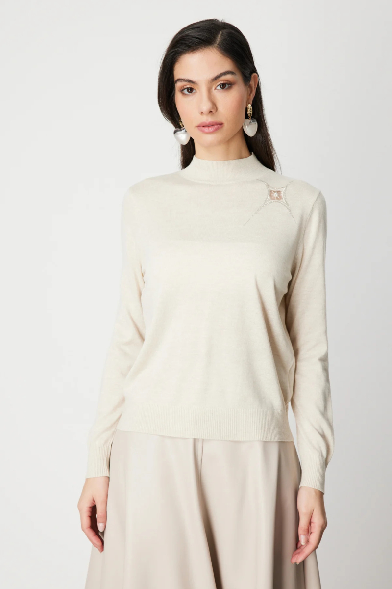 On Kadın Omzu Taş Detaylı Triko Kazak 60453 Ekru Ekru