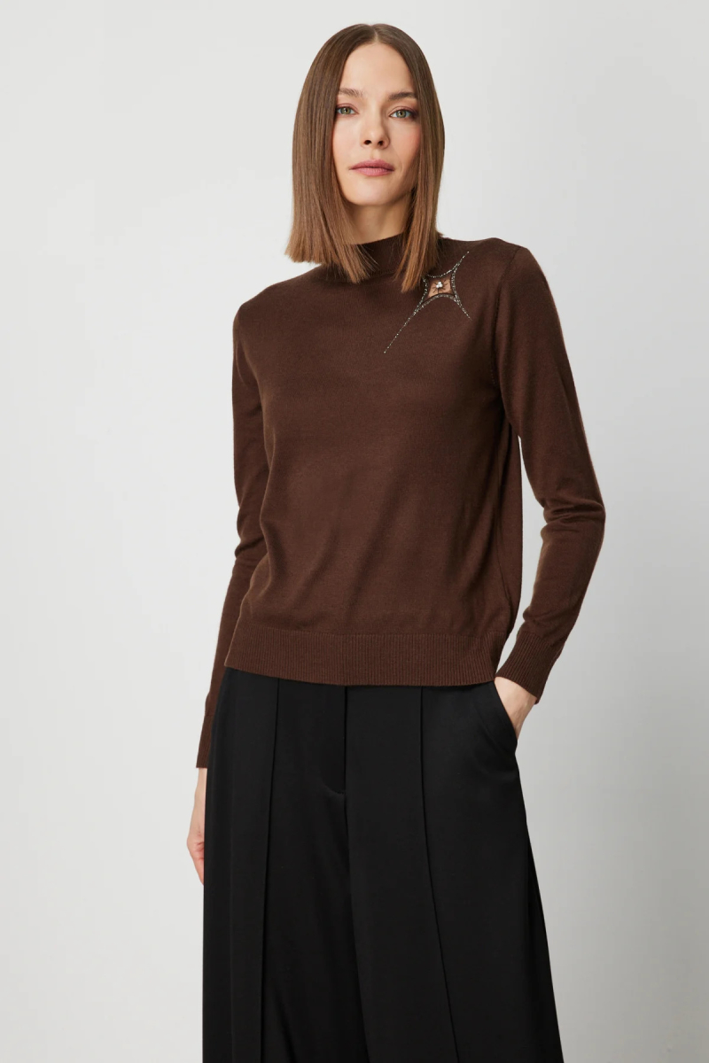 On Kadın Omzu Taş Detaylı Triko Kazak 60453 Kahverengi Kahverengi