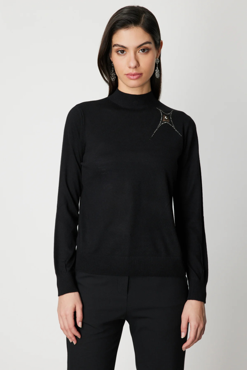 On Kadın Omzu Taş Detaylı Triko Kazak 60453 Siyah Siyah