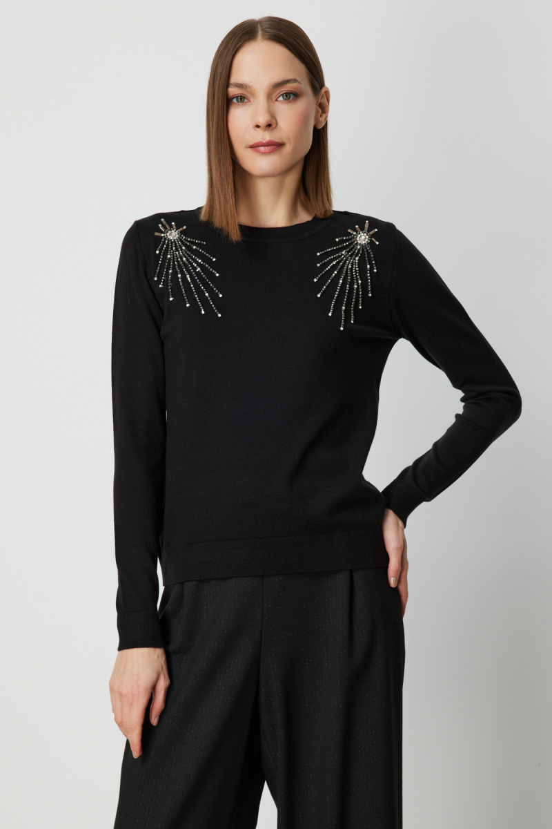 On Kadın Omzu Taş Detaylı Triko Kazak 63314 Siyah Siyah