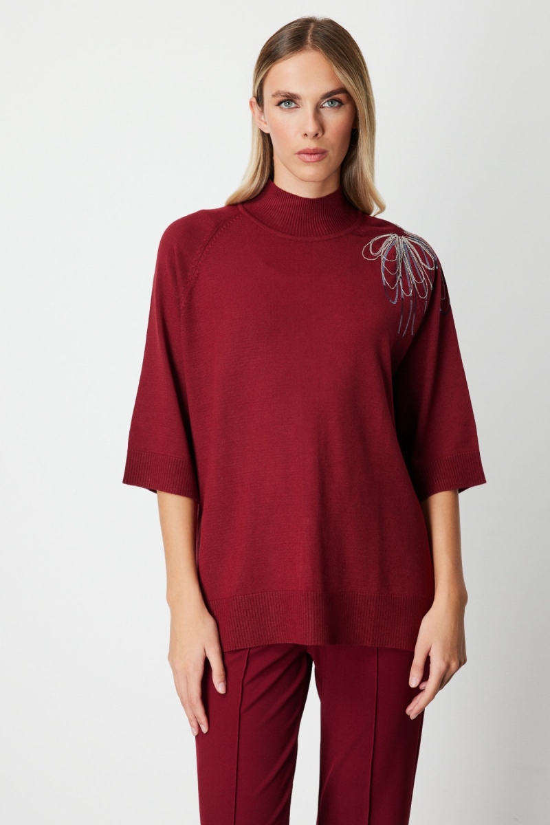 On Kadın Omzu Zincir İşlemeli Triko Kazak 65381 Bordo Bordo