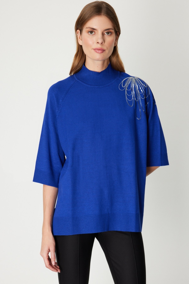 On Kadın Omzu Zincir İşlemeli Triko Kazak 65381 Saks Saks