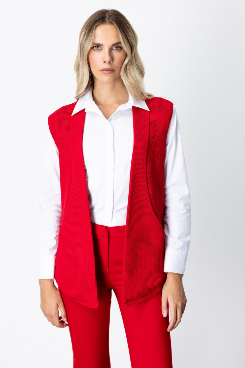 On Kadın Önü Açık Uzun Örme Yelek 65908 Kırmızı Kırmızı