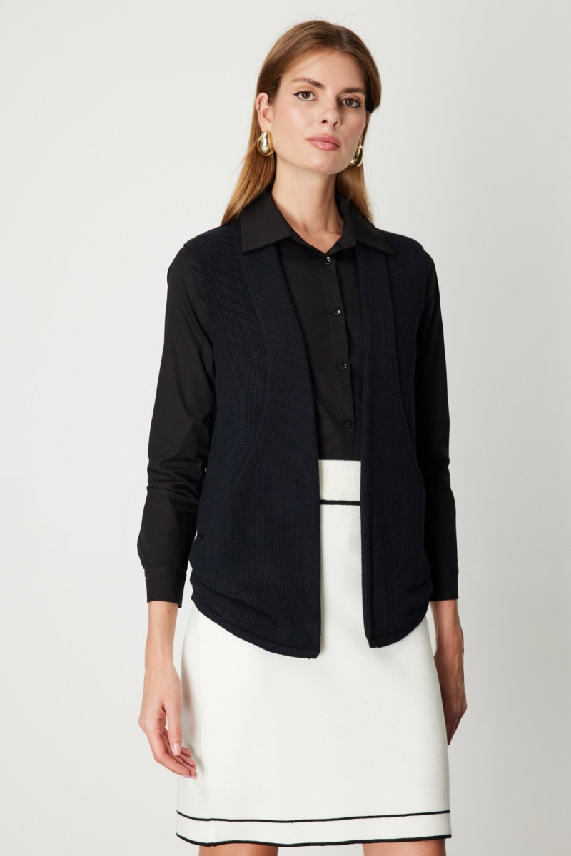 On Kadın Önü Açık Uzun Örme Yelek 65908 Siyah Siyah