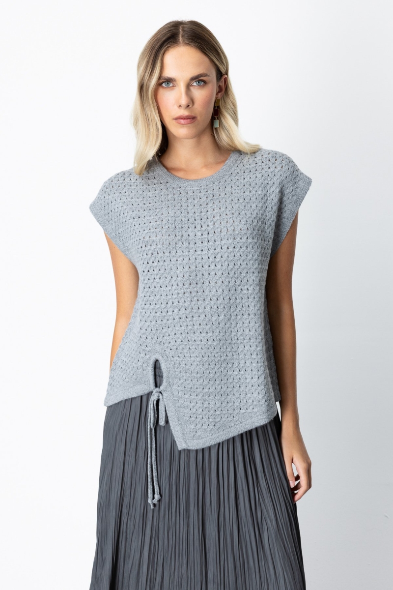 On Kadın Önü Bağlamalı Süveter 65337 Gri Gri