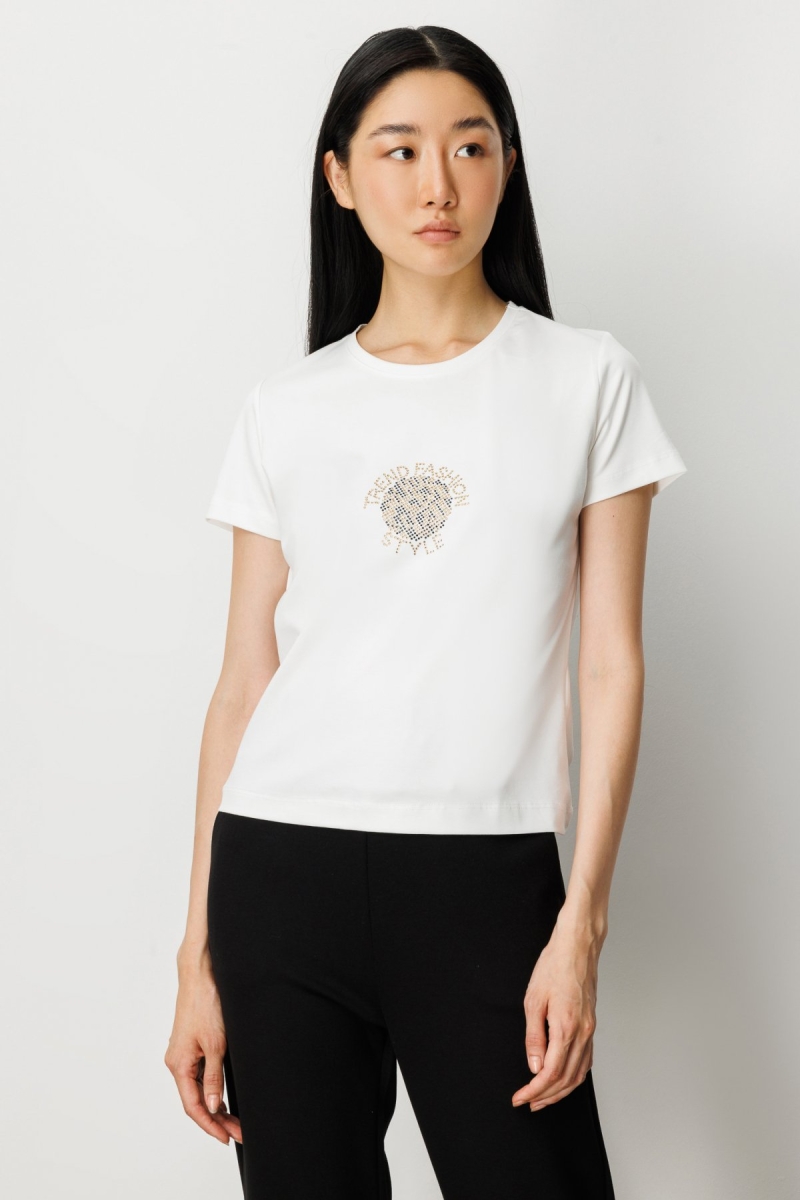 On Kadın Önü Taş Baskılı Kısa Kollu Bluz 61330 Ekru Ekru