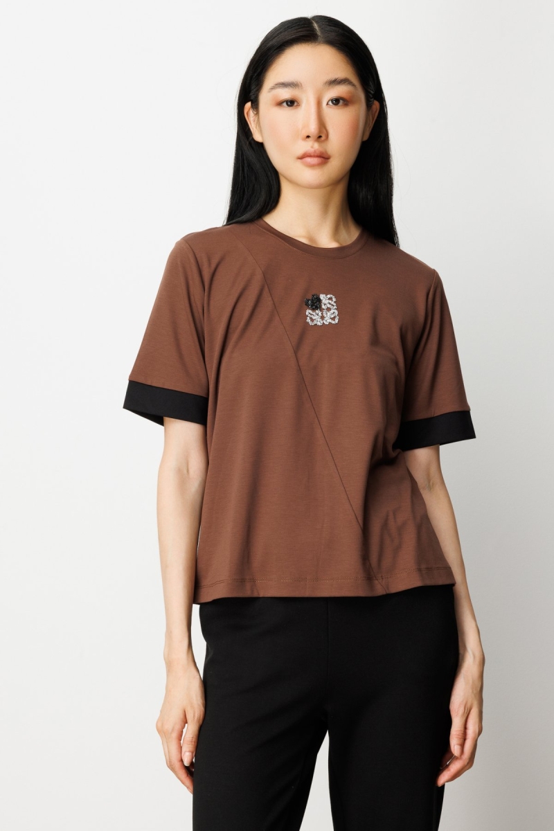 On Kadın Önü Taşlı Sıfır Yaka Bluz 61331 Kahve-Siyah KAHVE-SİYAH