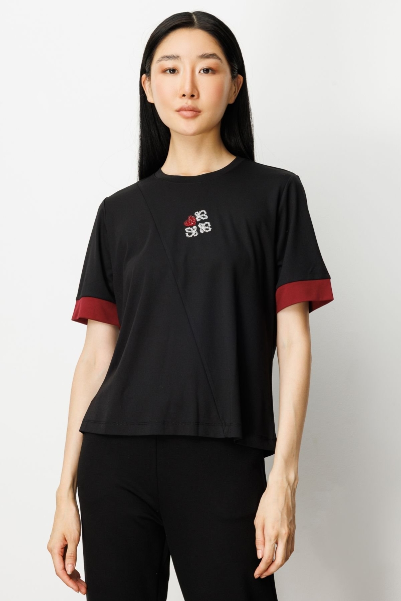 On Kadın Önü Taşlı Sıfır Yaka Bluz 61331 Siyah-Bordo SİYAH-BORDO