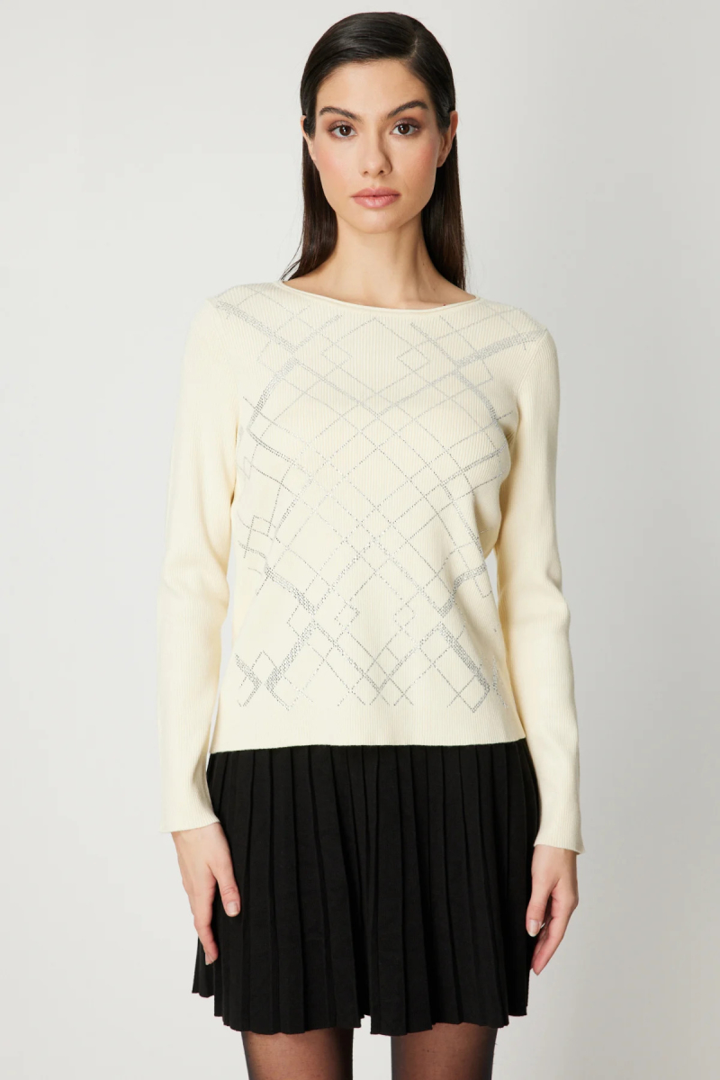 On Kadın Önü Taşlı Sıfır Yaka Triko Kazak 60353 Ekru Ekru