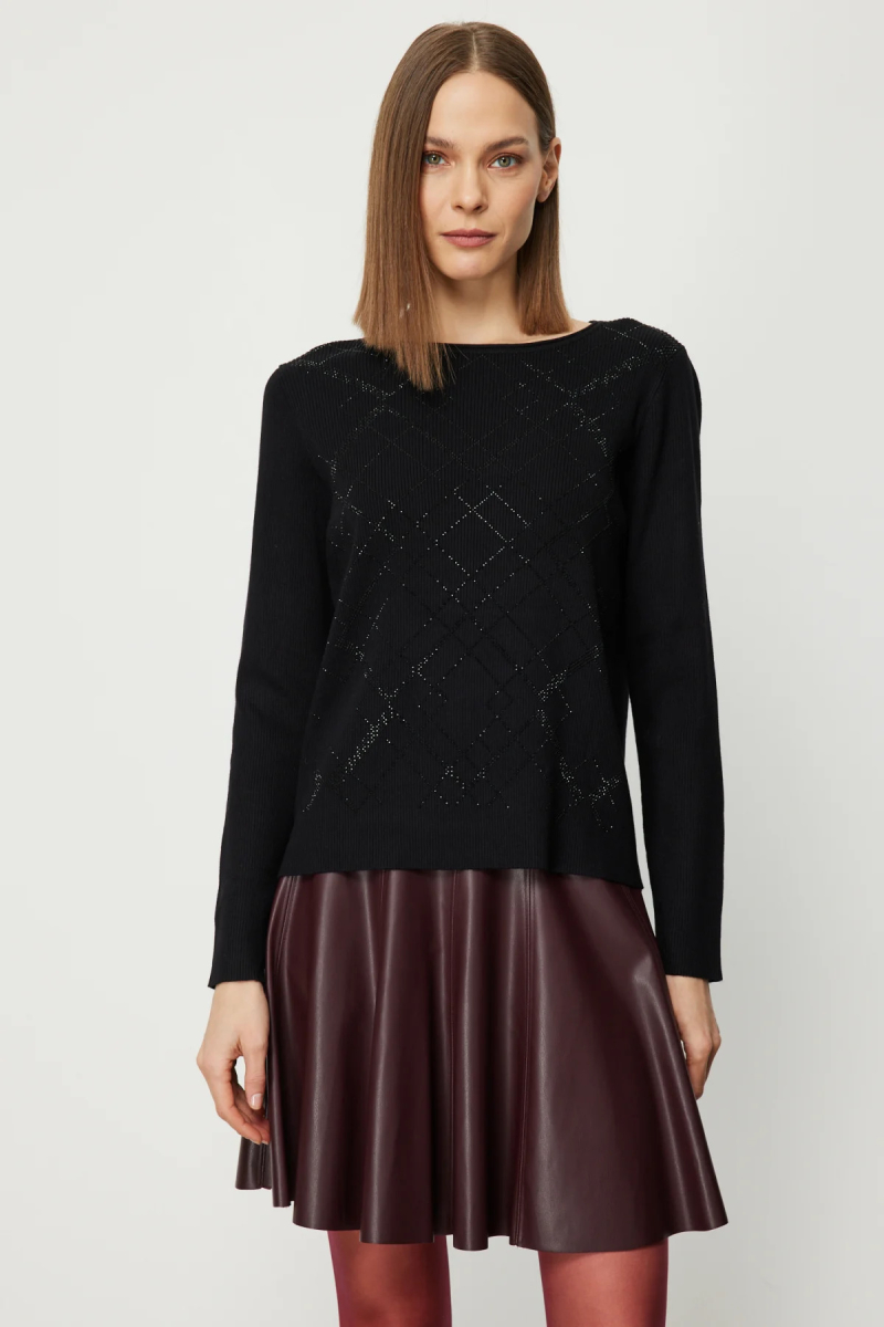 On Kadın Önü Taşlı Sıfır Yaka Triko Kazak 60353 Siyah Siyah