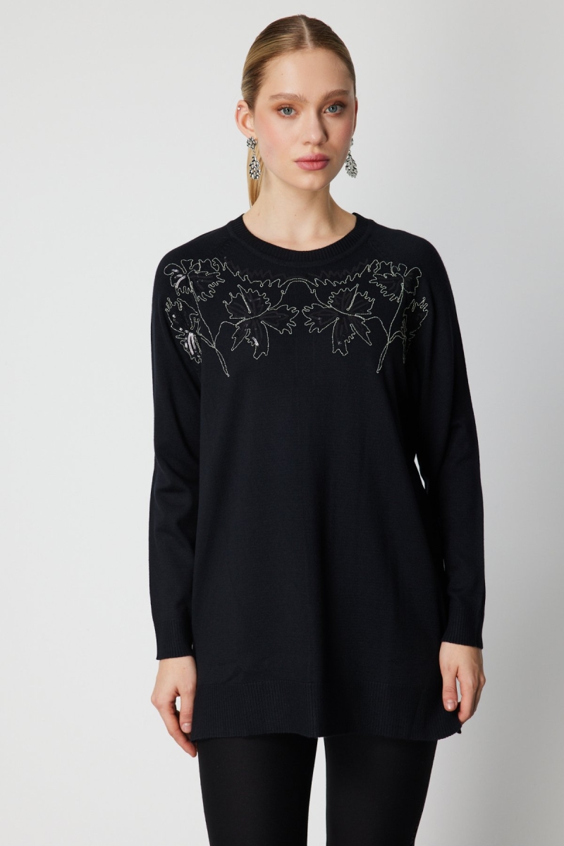 On Kadın Önü Zincirli Desenli Uzun Triko Kazak 65387 Siyah Siyah