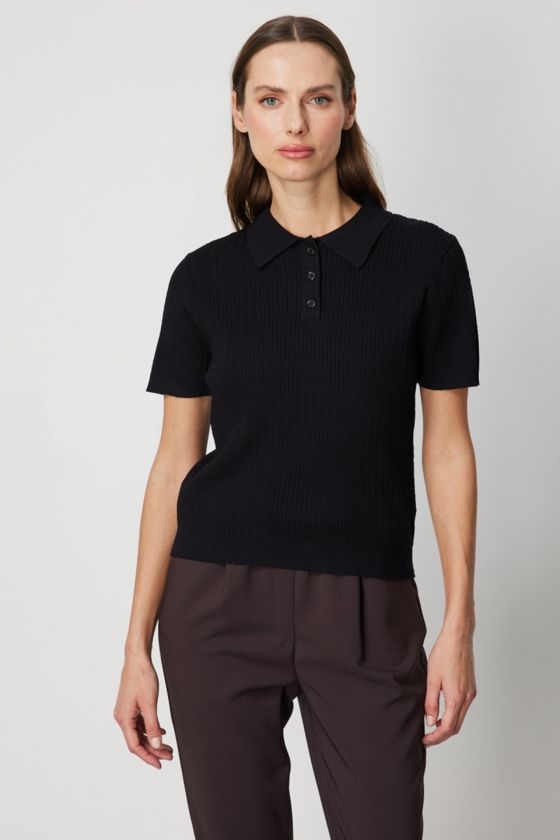 On Kadın Örgülü Kısa Kollu Triko Kazak 60314 Siyah Siyah