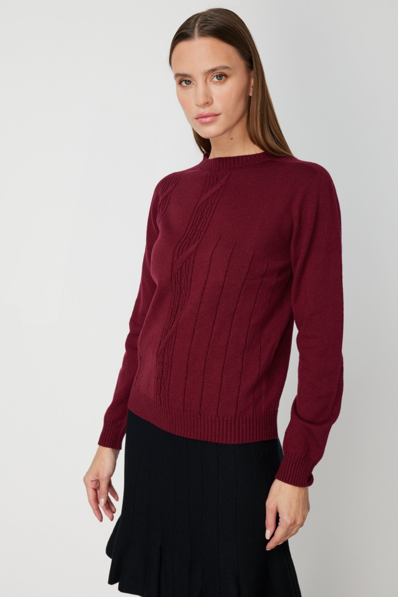 On Kadın Örgülü Sıfır Yaka Triko Kazak 69313 Bordo Bordo