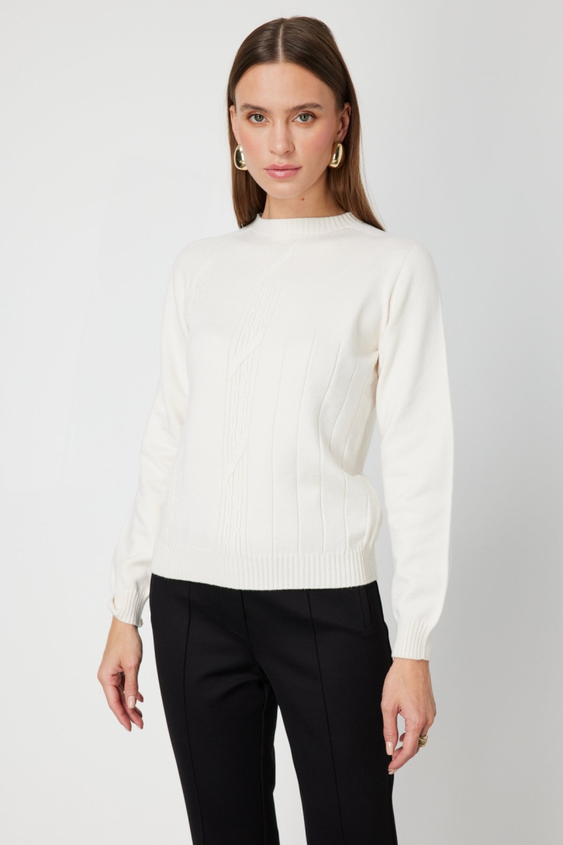 On Kadın Örgülü Sıfır Yaka Triko Kazak 69313 Ekru Ekru