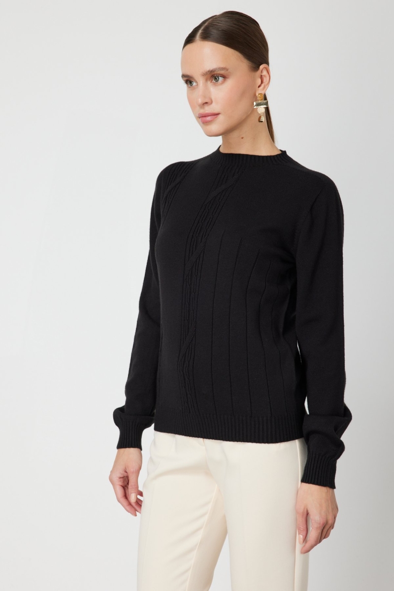 On Kadın Örgülü Sıfır Yaka Triko Kazak 69313 Siyah Siyah