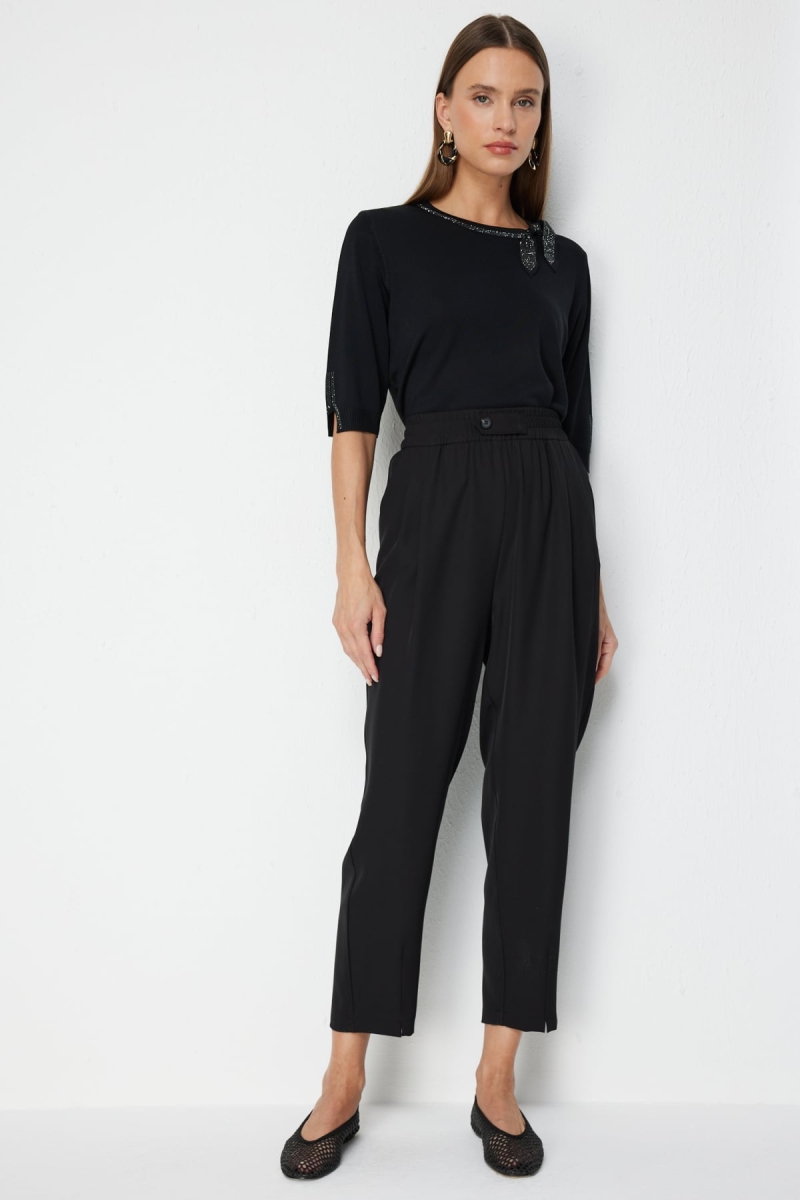 On Kadın Paçası Pileli Yan Cepli Pantolon 78105 Siyah Siyah