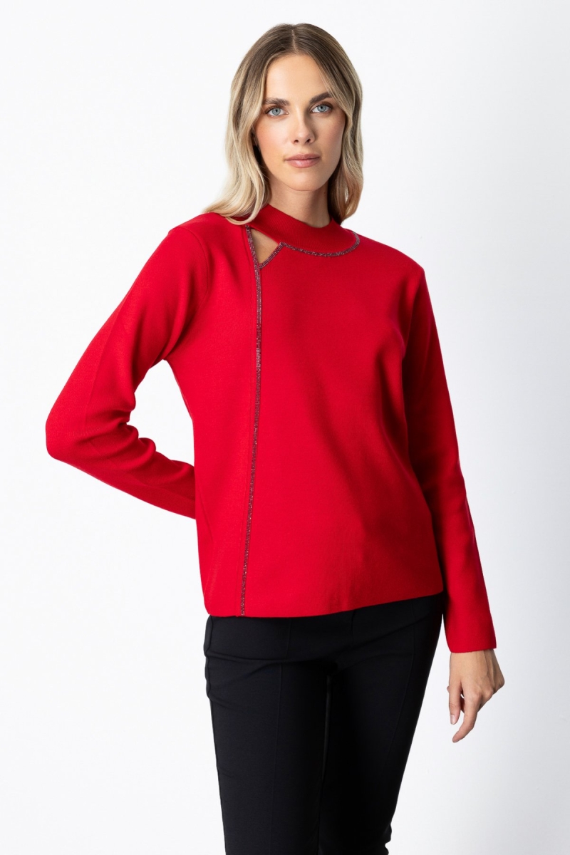 On Kadın Pencere Detaylı Taşlı Kazak 65372 Kırmızı Kırmızı