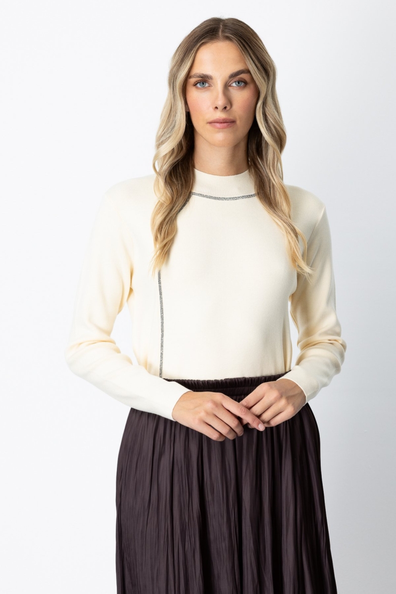 On Kadın Pencere Detaylı Taşlı Kazak 65372 Krem Krem