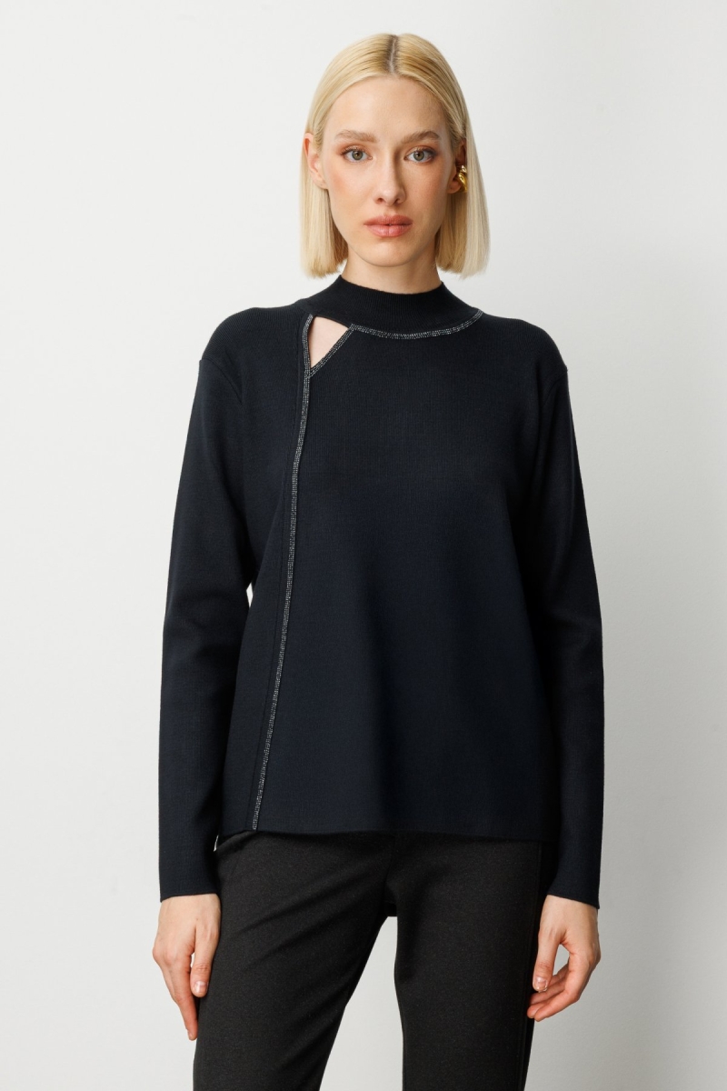 On Kadın Pencere Detaylı Taşlı Kazak 65372 Siyah Siyah