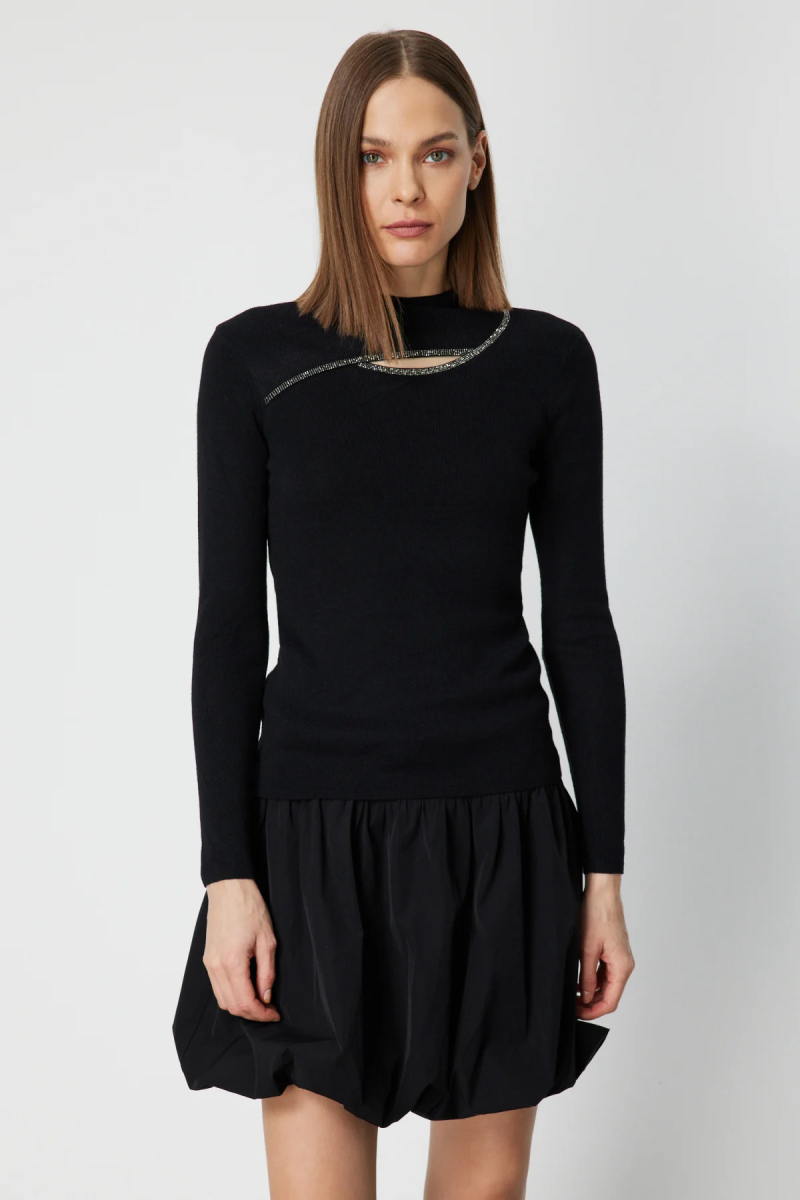 On Kadın Pencere Detaylı Taşlı Triko Kazak 60397 Siyah Siyah