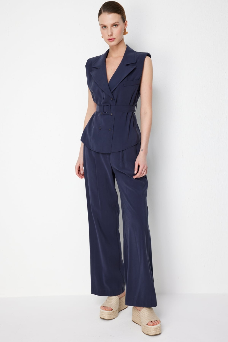 On Kadın Pile Detaylı Bol Paça Pantolon 74909 Indigo Indigo