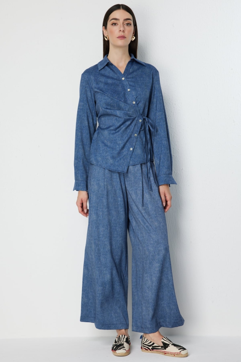 On Kadın Pileli Bol Paça Pantolon 72346 Indigo Indigo