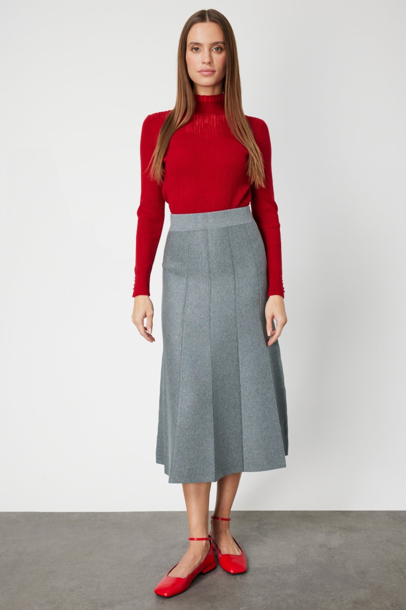 On Kadın Pileli Midi Triko Etek 65210 Gri Gri