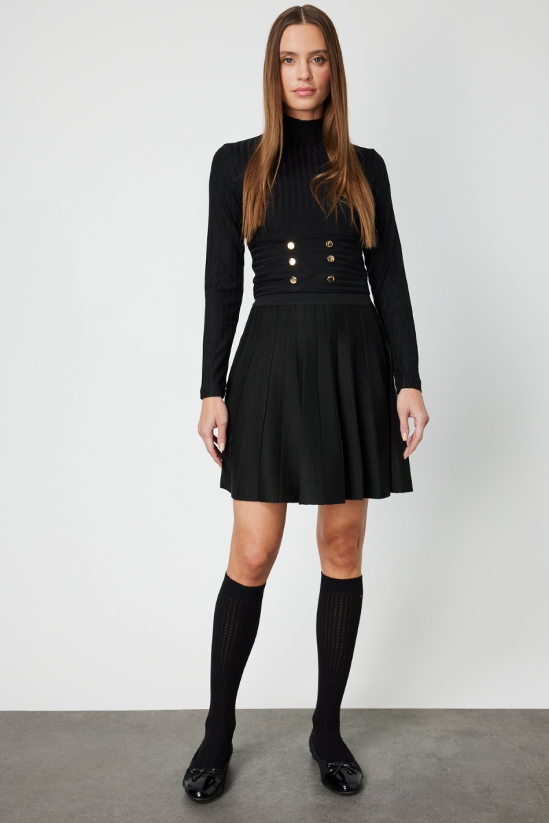 On Kadın Pileli Mini Triko Etek 65203 Siyah Siyah