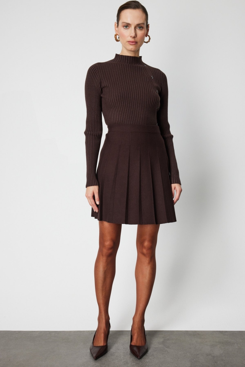 On Kadın Pileli Mini Triko Etek 69202 Kahverengi Kahverengi