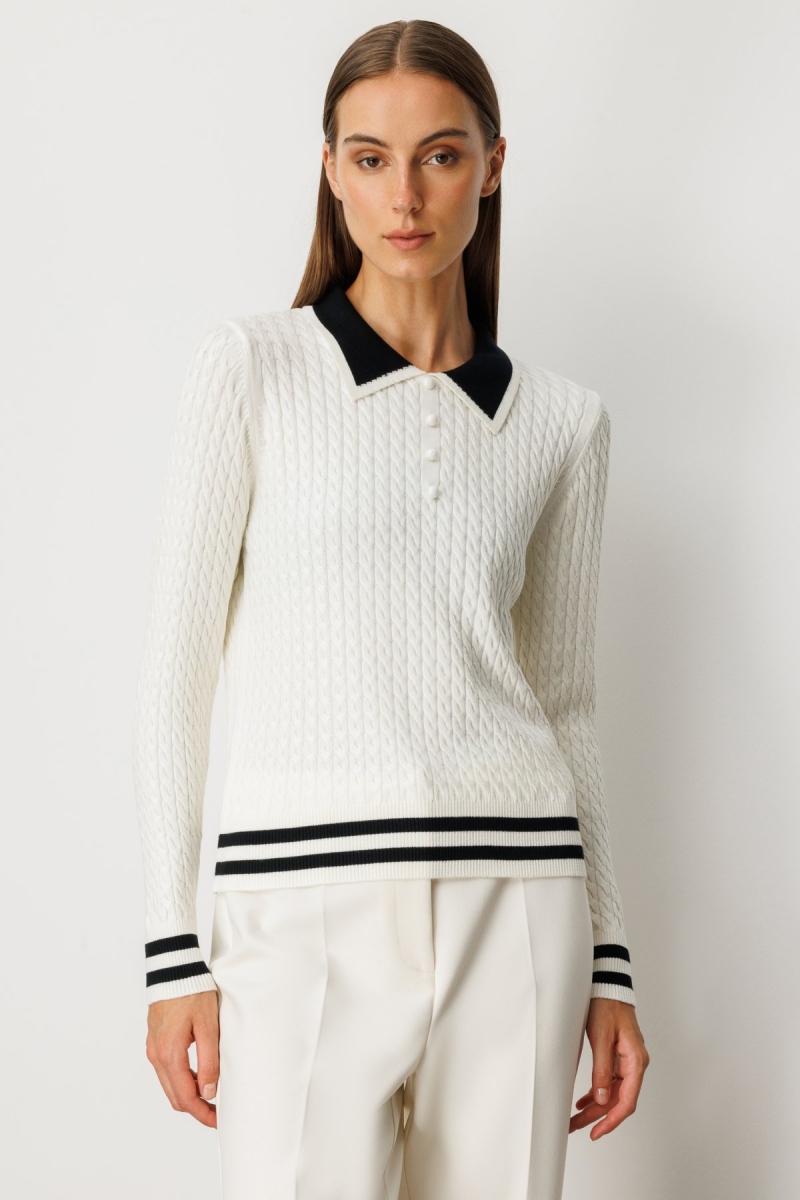 On Kadın Polo Yaka Örgü Desenli Triko Kazak 65332 Ekru Ekru