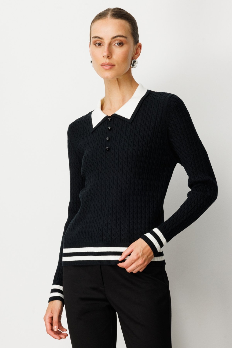 On Kadın Polo Yaka Örgü Desenli Triko Kazak 65332 Siyah Siyah