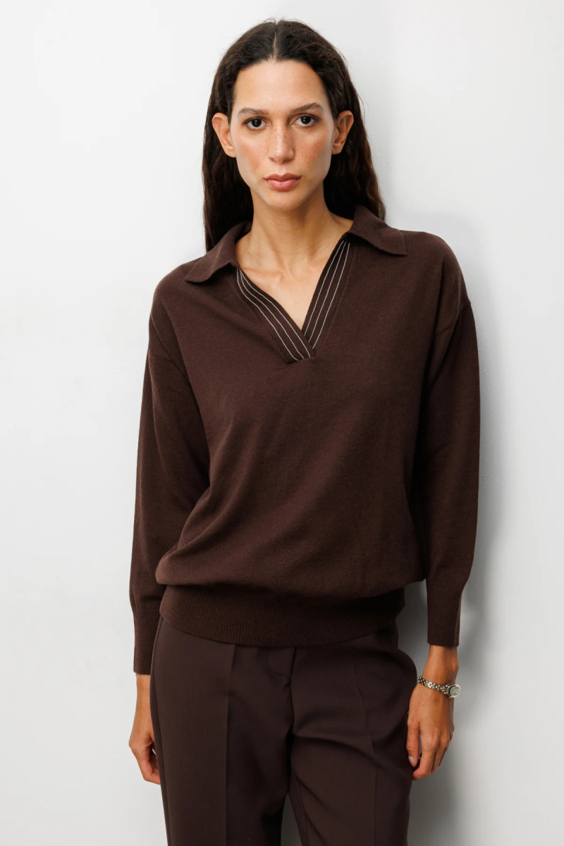 On Kadın Polo Yaka Zincir Detaylı Triko Kazak 66336 Kahverengi Kahverengi