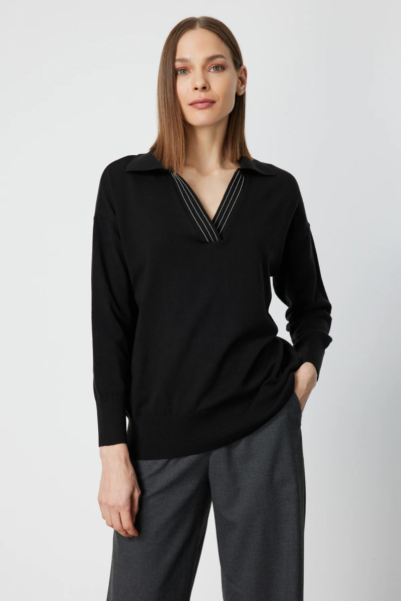 On Kadın Polo Yaka Zincir Detaylı Triko Kazak 66336 Siyah Siyah