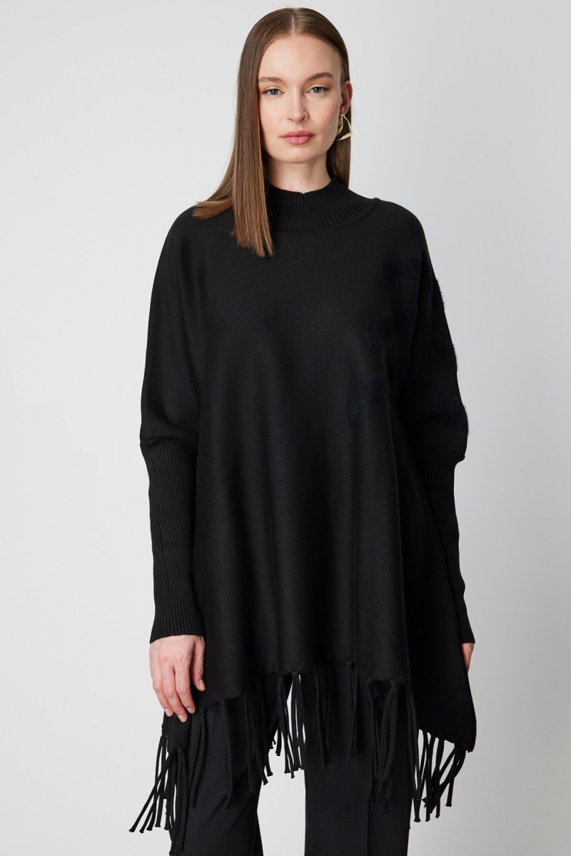 On Kadın Püskül Detaylı Panço 65910 Siyah Siyah