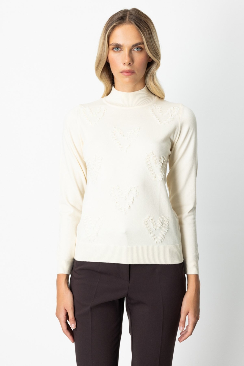 On Kadın Püsküllü Kalp Detaylı Dik Yaka Kazak 65325 Ekru Ekru