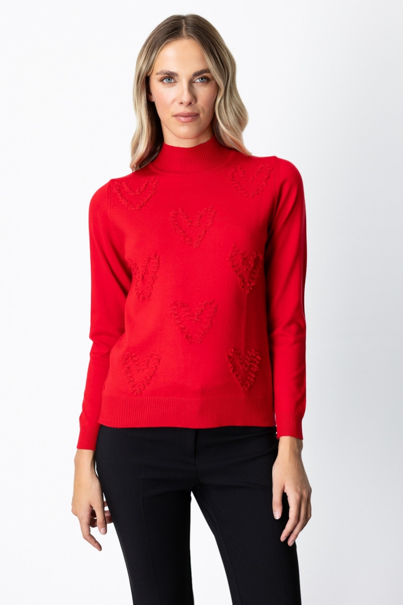 On Kadın Püsküllü Kalp Detaylı Dik Yaka Kazak 65325 Kırmızı Kırmızı