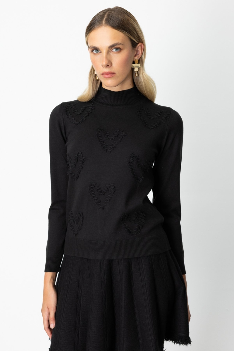 On Kadın Püsküllü Kalp Detaylı Dik Yaka Kazak 65325 Siyah Siyah