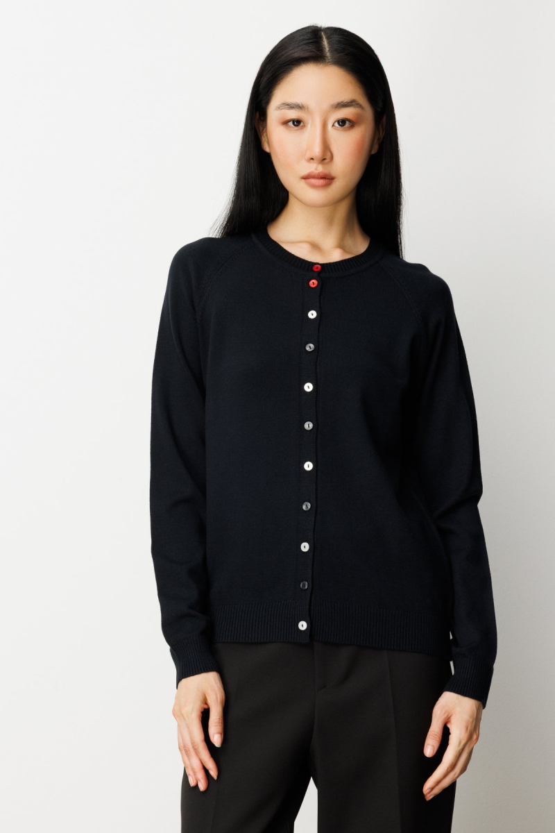 On Kadın Renkli Düğmeli Sıfır Yaka Triko Hırka 65921 Siyah Siyah