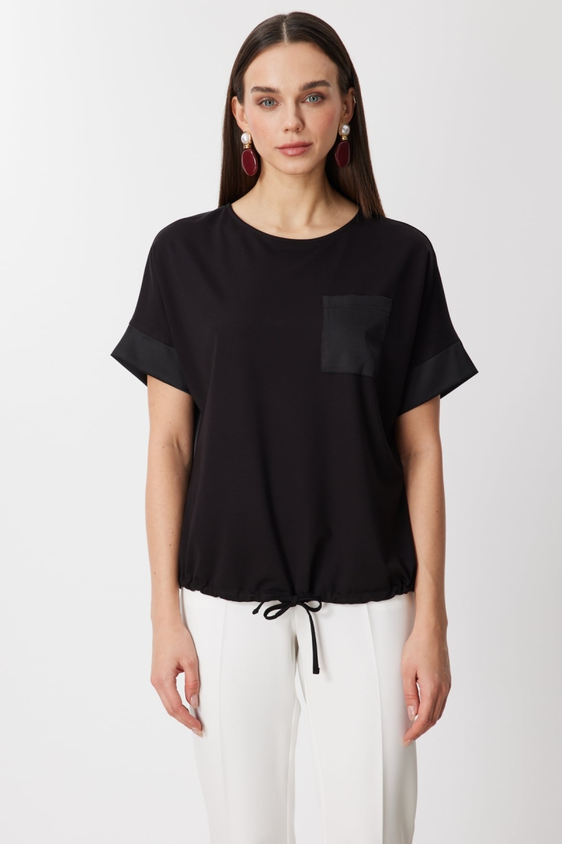 On Kadın Saten Detaylı Bağcıklı T-Shirt 71365 Siyah Siyah