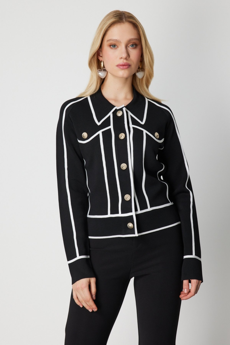 On Kadın Şerit Detaylı Çıtçıt Kapamalı Hırka 69908 Siyah Siyah