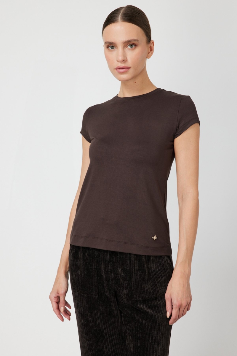 On Kadın Sıfır Yaka Ay Kol Basic Bluz 61302 Kahverengi Kahverengi