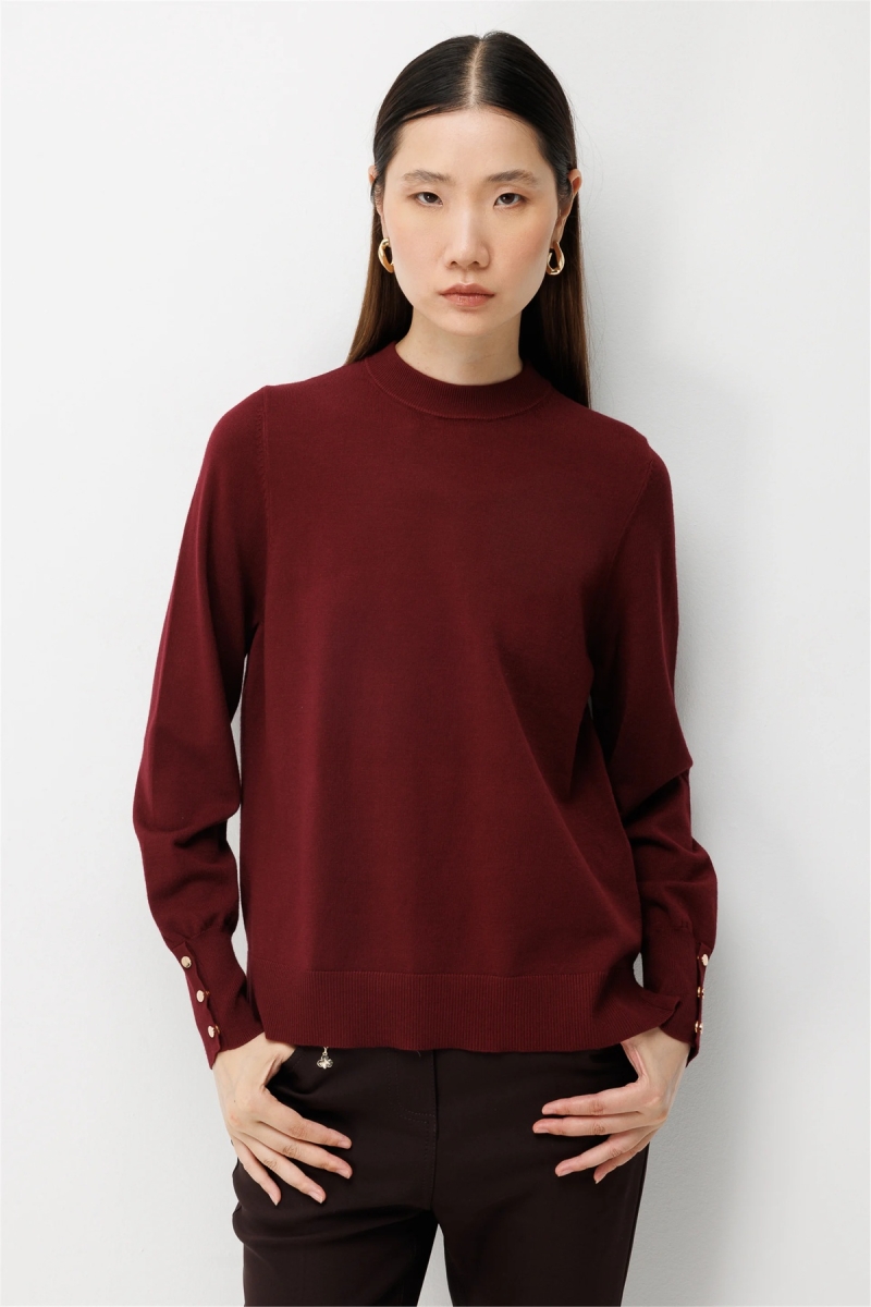 On Kadın Sıfır Yaka Basic Triko Kazak 10315 Bordo Bordo
