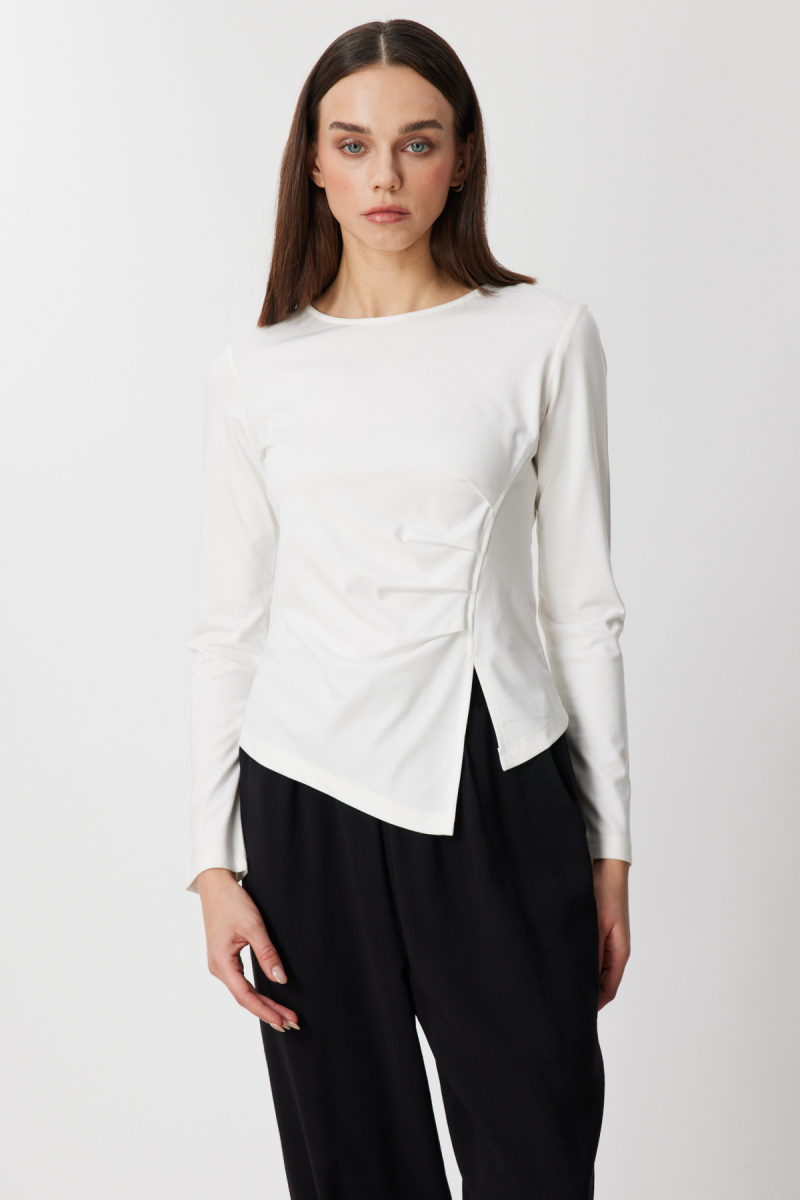 On Kadın Sıfır Yaka Büzgü Detaylı Bluz 61436 Ekru Ekru