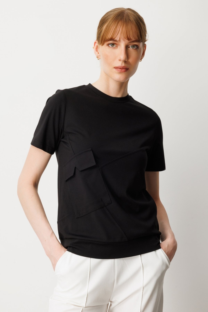 On Kadın Sıfır Yaka Cepli T-Shirt 61340 Siyah Siyah