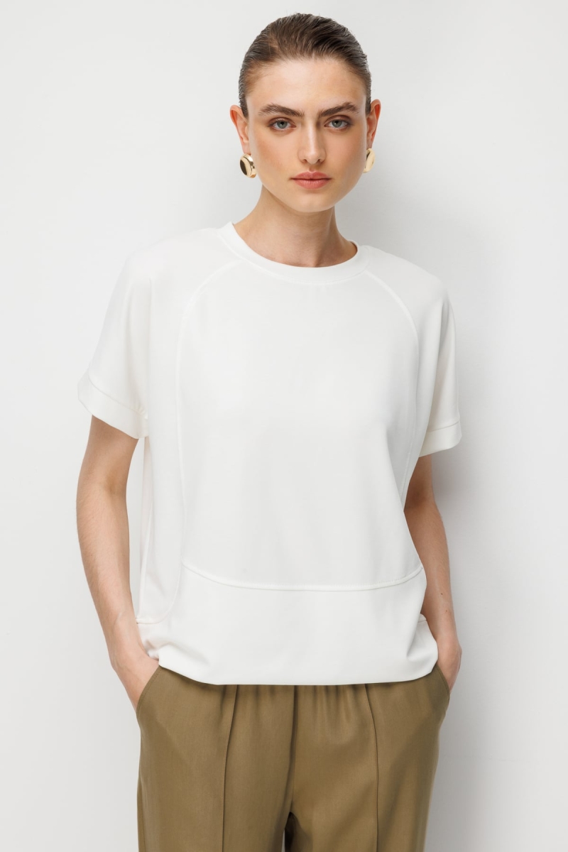 On Kadın Sıfır Yaka Dikiş Detaylı T-Shirt 76429 Ekru Ekru